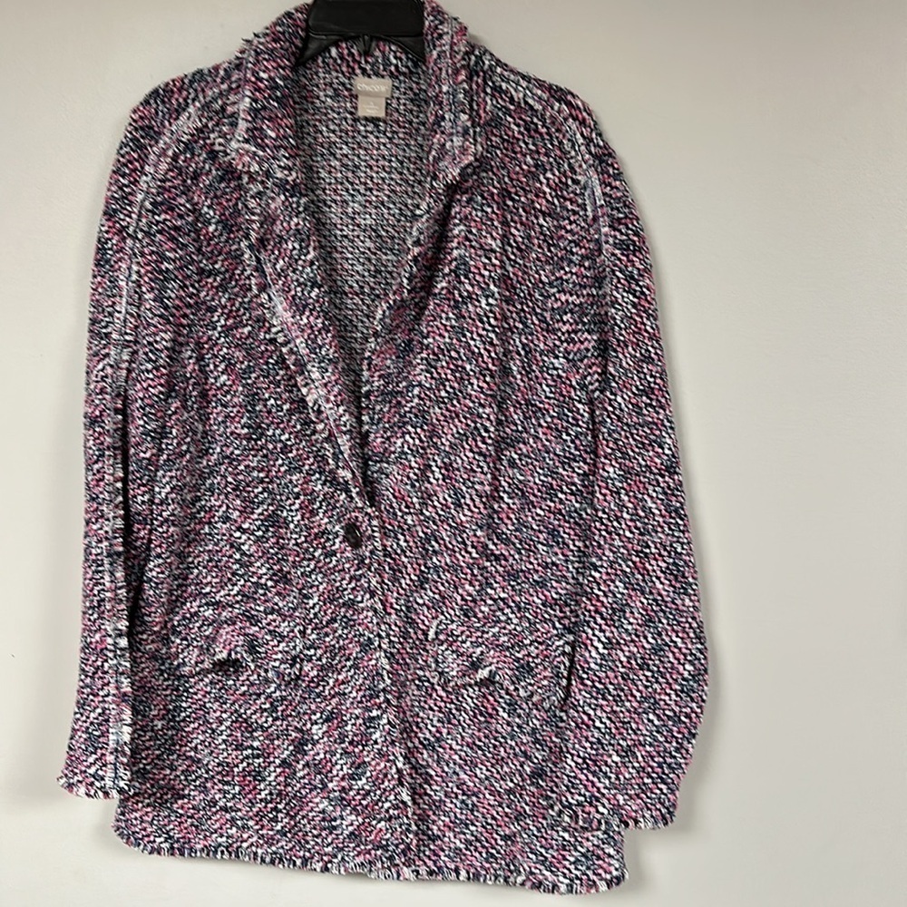 Chicos pink & blue marled nubby mid weight cardigan sweater with fringe, XL